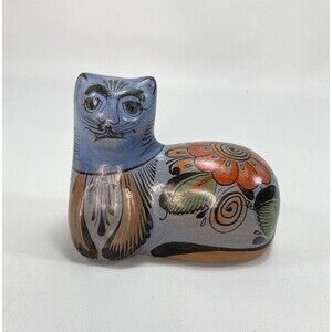 Mexican Folk Art Cat Earthen Ware Clay Figurine Hand Painted Blue Floral 5x4"